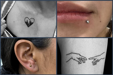 A collage of 4 images of tattoos and piercings